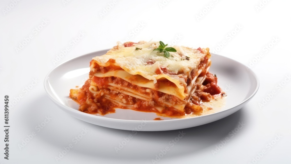 A plate of homemade lasagna with tomato sauce and melted cheese on White Background with copy space for your text created with generative AI technology