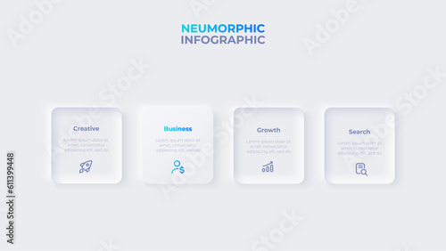 Light neumorphic horizontal progress diagram with 4 square elements. Infographic design template