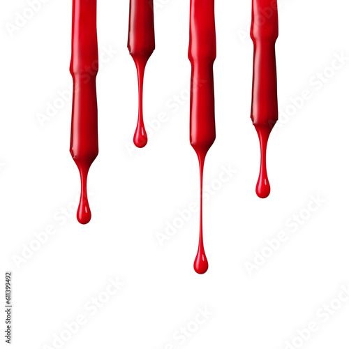 Red nail polish drops from brush, texture isolated on white background. Cosmetic product texture