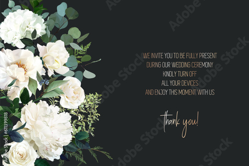 Classic white peony, ivory rose flowers, cedar branch, eucalyptus, fern, salal, greenery vector design.
