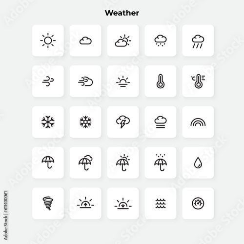 Weather line icons set. Sun, rain, thunder storm, wind, snow cloud and other elements