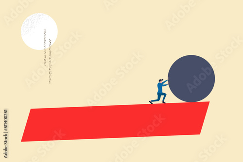 Businessman pushing big ball. concept of difficulty, ambition, motivation, struggle