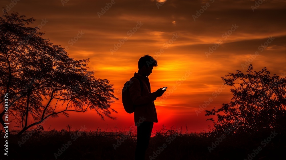Silhouete of a person holding a cell phone outside with sunset Silhouete of a person holding a cell phone outside with sunset