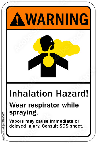 Wear respiratory equipment sign and labels inhalation hazard. Wear respirator while spraying