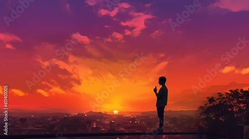 Silhouete of a person holding a cell phone outside with sunset