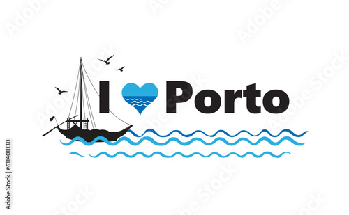 Porto city, Portugal. Horizontal banner with Lettering Porto and traditional portuguese boat in sea and flying gulls silhouette.