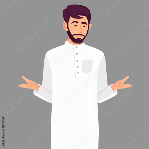 Vector - Oops. Sorry. I don't know. Portrait of confused young muslim man  shrugging shoulders, shows helpless question gesture, spread his hands, he does not know what to do, concept illustration in 