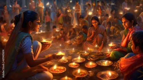 Diwali celebration background with indian people, Generative Ai