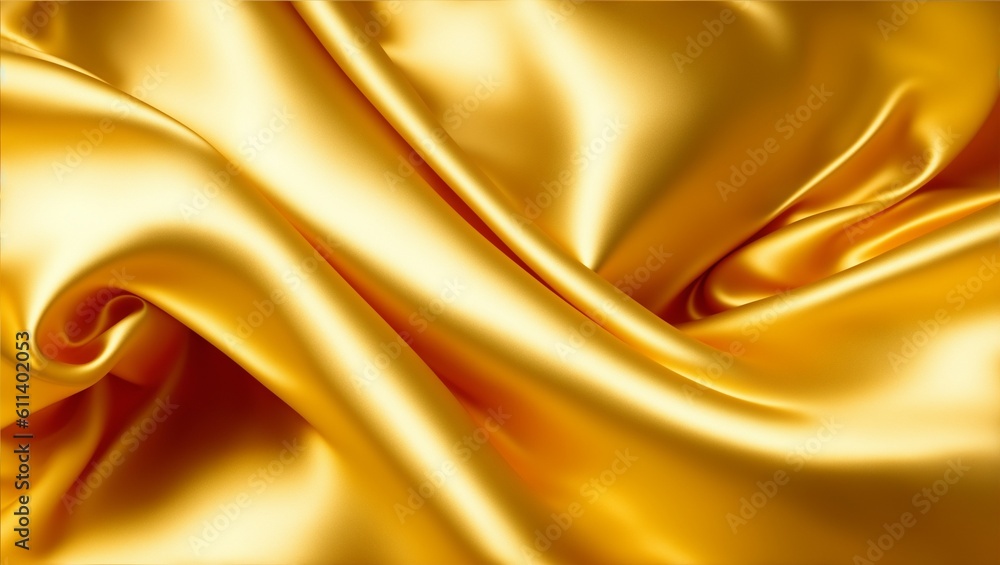 Fototapeta premium Gold shiny luxury draping satin fabric wave background, abstract dynamic smooth wavy elegant golden yellow silk cloth texture design, generative ai