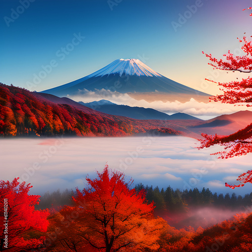 Colorful autumn season and Mount Fuji with morning mist and red leaves at Lake Kawaguchiko in Japan. generative AI © EVISUAL
