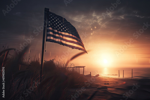 American flag on background of fireworks on beach at sunset, created with Generative AI