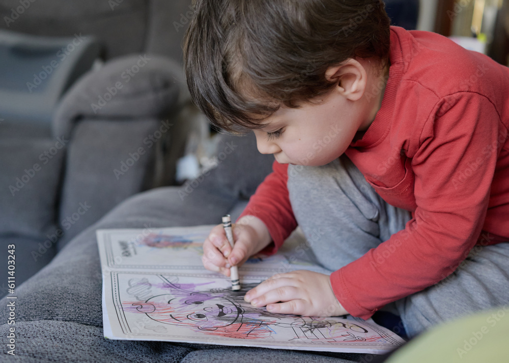 young boy drawing in the coloring book on the couch young boy drawing in the coloring book on the couch