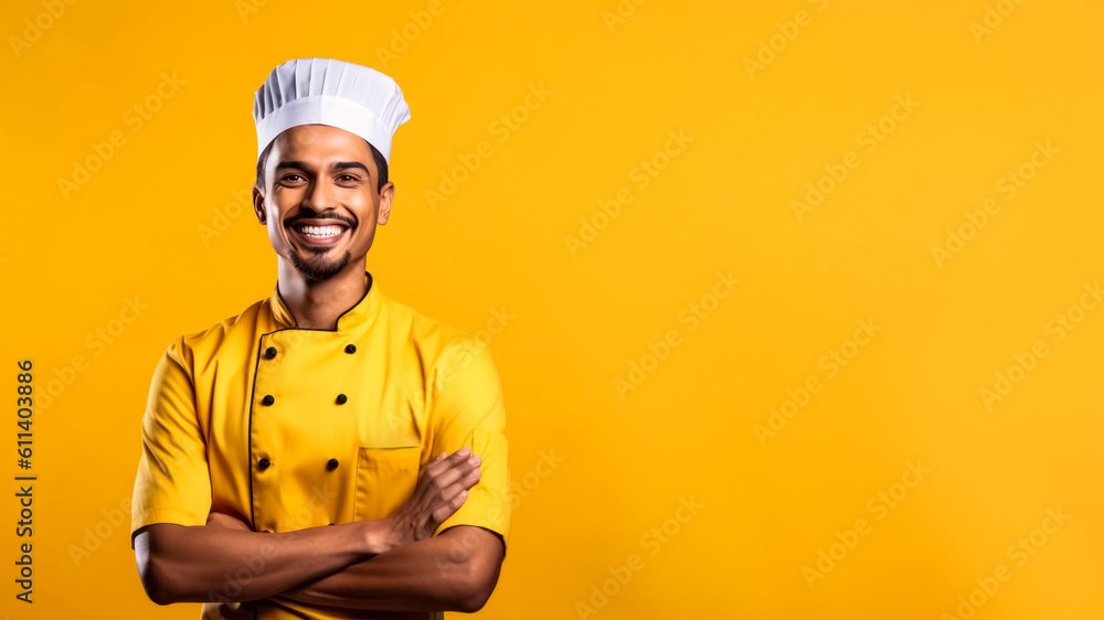 Portrait of smiling indian male chef, on a solid background, copy space, mockup, a fictional AI-generated person, Generative AI

