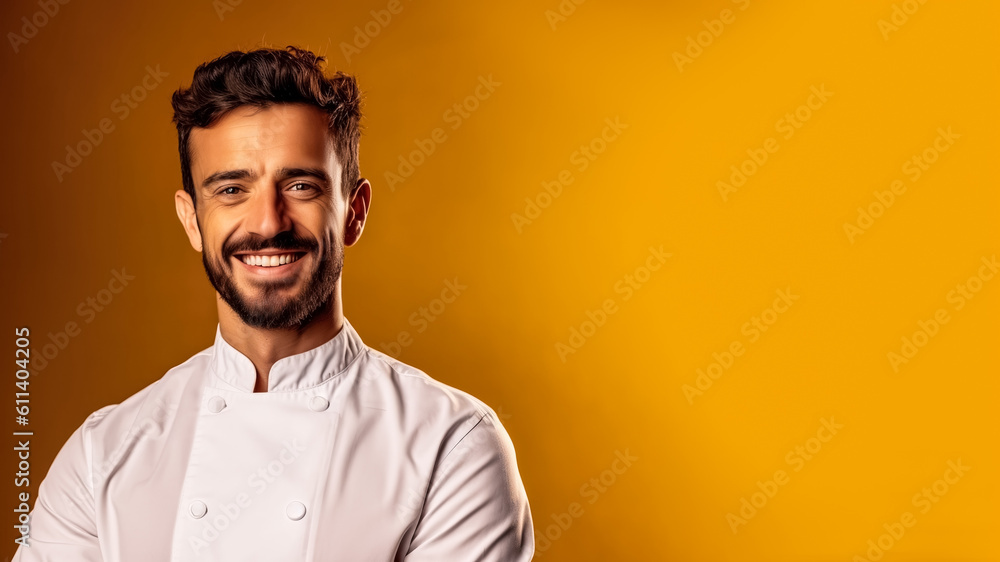 Portrait of smiling male chef, on a solid background, copy space, mockup, a fictional AI-generated person, Generative AI Portrait of smiling male chef, on a solid background, copy space, mockup, a fictional AI-generated person, Generative AI
