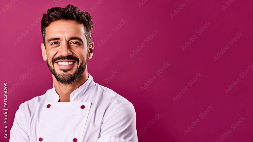 Portrait of smiling spanish male chef, on a solid background, copy space, mockup, a fictional AI-generated person, Generative AI
Portrait of smiling spanish male chef, on a solid background, copy space, mockup, a fictional AI-generated person, Generative AI