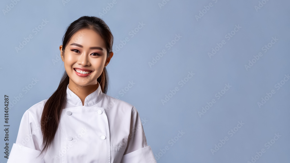 Portrait of white smiling asian female chef, on a solid background, copy space, mockup, a fictional AI-generated person, Generative AI Portrait of white smiling asian female chef, on a solid background, copy space, mockup, a fictional AI-generated person, Generative AI