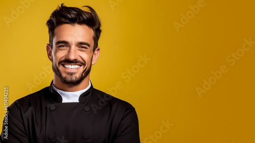  Portrait of white smiling male chef, on a solid background, copy space, mockup, a fictional AI-generated person, Generative AI © fotogurmespb