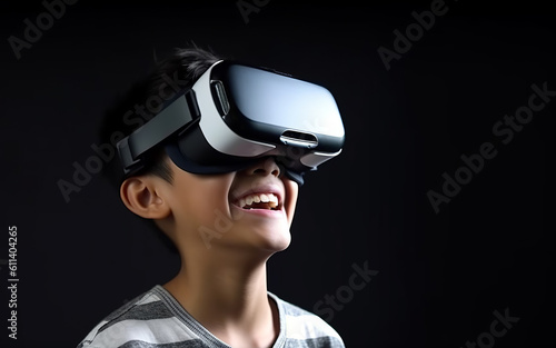 Young smiling Asian boy wearing VR glasses real reality headset playing video games on black background