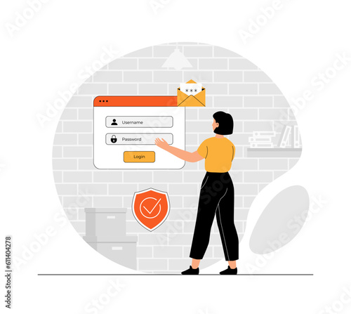 login authentication page concept. Woman field login screen with username password on web page. Two factor authentication. Illustration with people scene in flat design for website and mobile develop