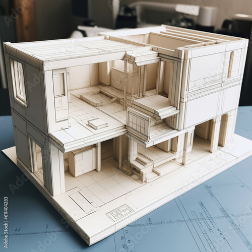 Interior designer drawing house project. A model house on blueprints with equipment architect. Diagramatic drawing of 3D printed house. Realistic 3D illustration. Generative AI photo