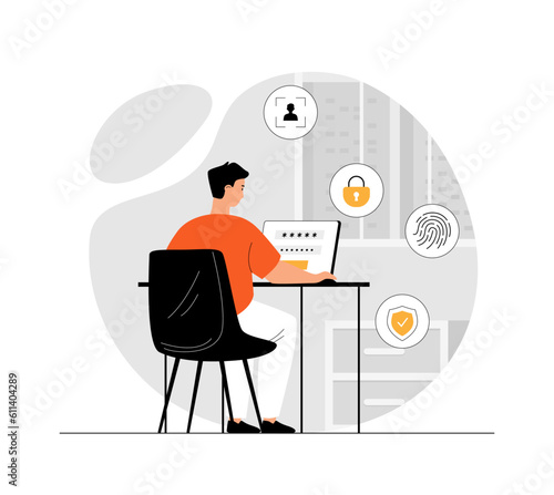 Data protection internet security. Lock personal data with fingerprint, face scan or password. A man enters a password on a laptop.Illustration with people scene in flat design for website and mobile 