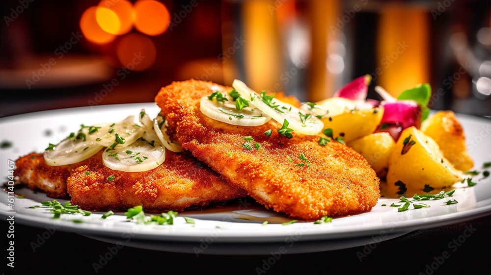 Vienna schnitzel with a side dish at a restaurant, traditional Austrian cuisine Vienna schnitzel with a side dish at a restaurant, traditional Austrian cuisine