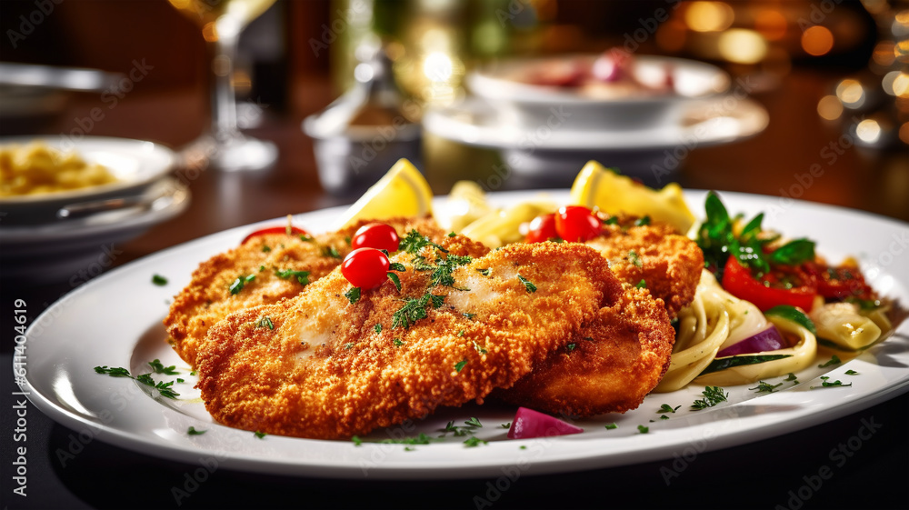 Vienna schnitzel with a side dish at a restaurant, traditional Austrian cuisine Vienna schnitzel with a side dish at a restaurant, traditional Austrian cuisine