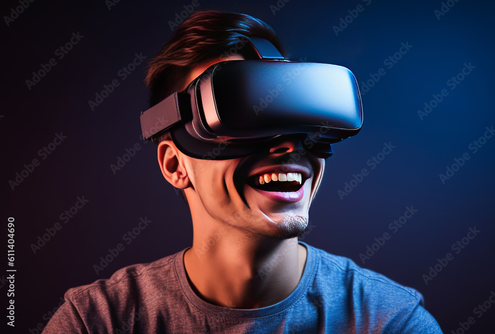 Young man in t-shirt wearing VR glasses real reality headset playing video games Young man in t-shirt wearing VR glasses real reality headset playing video games