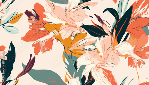 Bright hand drawn blossom artistic flowers print. Modern botanical pattern. Fashionable template for design