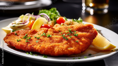 Vienna schnitzel with a side dish at a restaurant, traditional Austrian cuisine