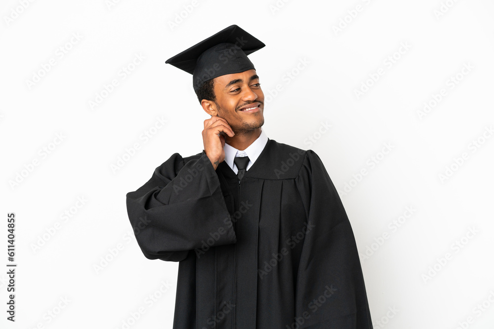 African American university graduate man over isolated white background thinking an idea African American university graduate man over isolated white background thinking an idea