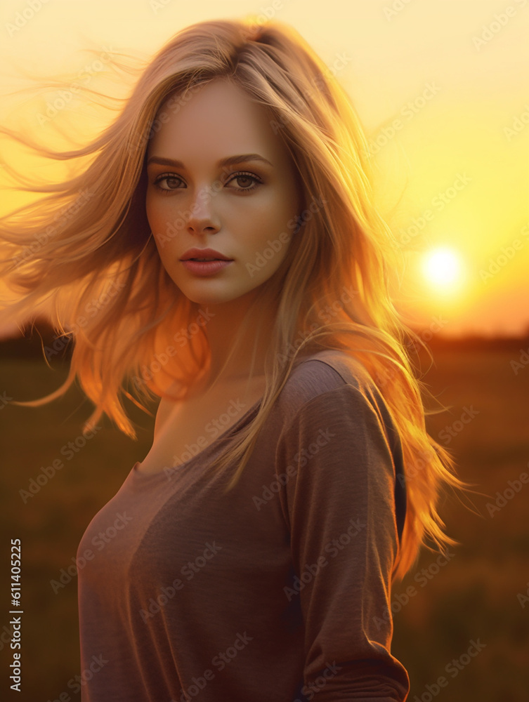 Beautiful Dreamy Blonde Girl In Sunset With Wind In Her Hair created with Generative AI technology
