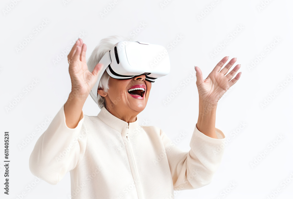 Cheerful smiling grandmother in real reality headset for VR glasses playing video games on white background Cheerful smiling grandmother in real reality headset for VR glasses playing video games on white background