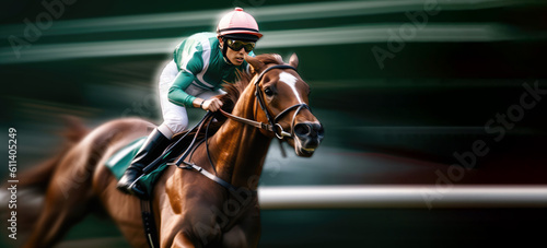 A jockey on a horse in motion. A background with motion blur as negative space.