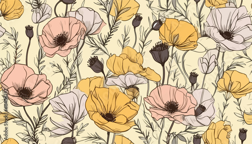 Wallpaper Mural Minimal bright abstract poppy flowers pattern, pastel watercolor flowers. Collage contemporary print. Fashionable template for design. Torontodigital.ca