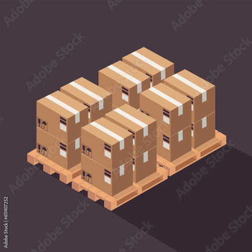 Warehouse isometric icon with four cardboard boxes on pallet vector illustration