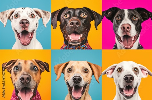 Collage of multiple headshot photos of dogs on a multicolored background of a multitude of different bright colors, shop banner