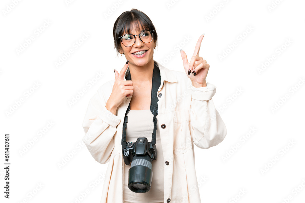 Young photographer caucasian woman over isolated chroma key background pointing with the index finger a great idea Young photographer caucasian woman over isolated chroma key background pointing with the index finger a great idea