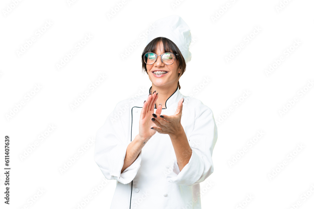 Young caucasian chef woman over isolated chroma key background applauding after presentation in a conference Young caucasian chef woman over isolated chroma key background applauding after presentation in a conference