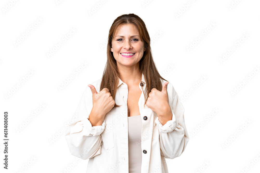 Middle age woman over isolated background with thumbs up gesture and smiling Middle age woman over isolated background with thumbs up gesture and smiling