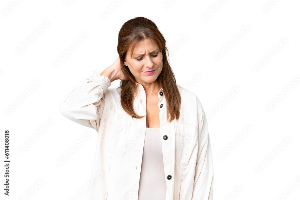 Middle age woman over isolated background with neckache Middle age woman over isolated background with neckache