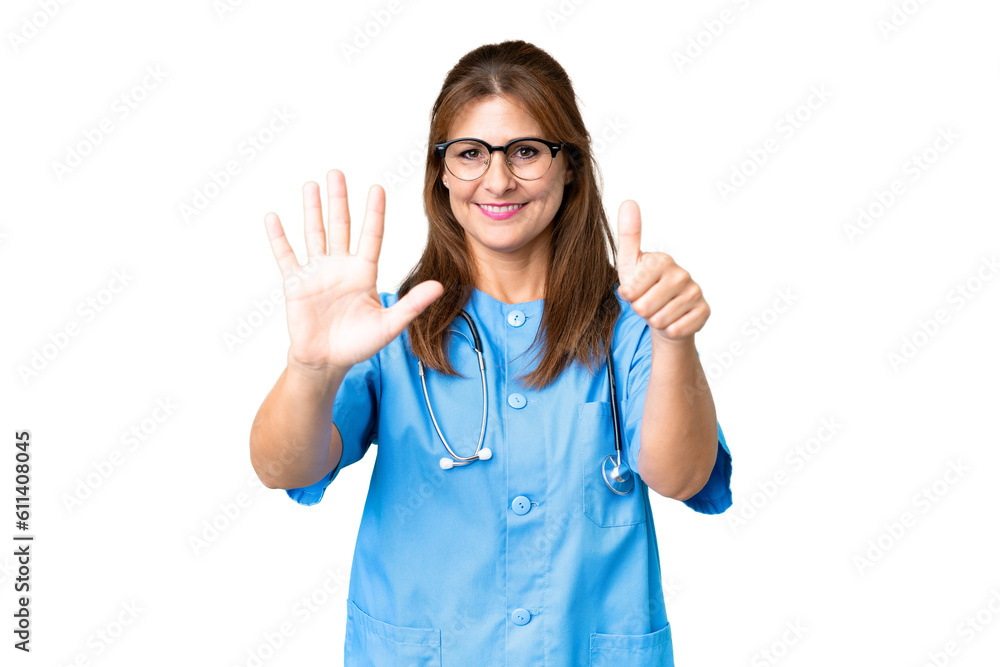 Middle age nurse woman over isolated background counting six with fingers Middle age nurse woman over isolated background counting six with fingers