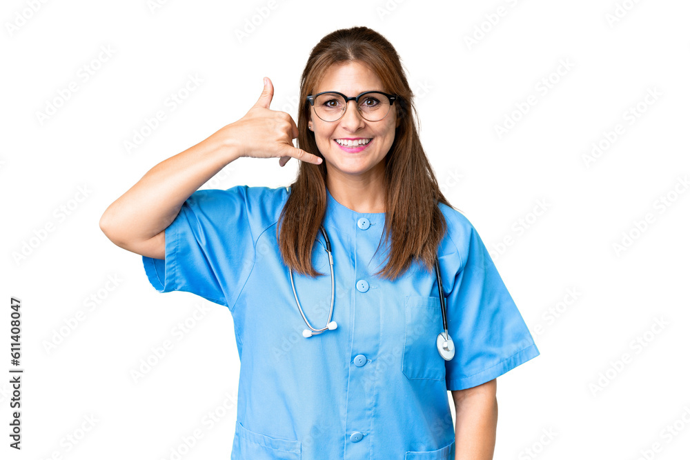 Middle age nurse woman over isolated background making phone gesture. Call me back sign Middle age nurse woman over isolated background making phone gesture. Call me back sign