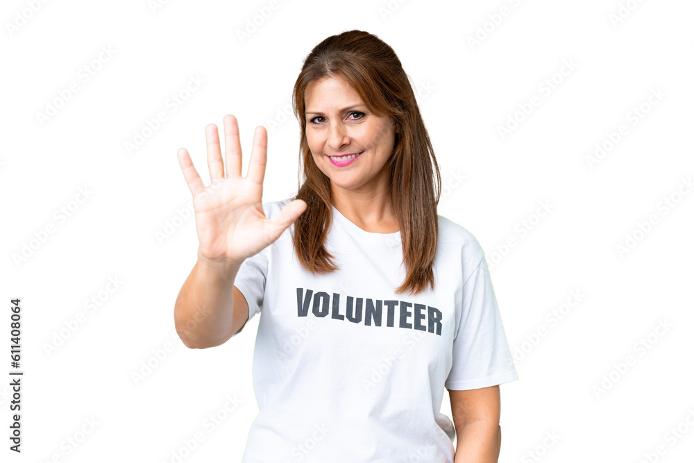 Middle age volunteer woman over isolated background counting five with fingers Middle age volunteer woman over isolated background counting five with fingers