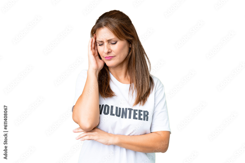 Middle age volunteer woman over isolated background with headache Middle age volunteer woman over isolated background with headache