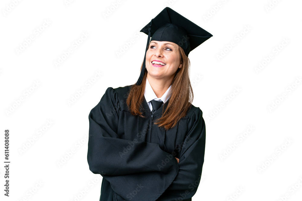 Middle age university graduate woman over isolated background happy and smiling Middle age university graduate woman over isolated background happy and smiling
