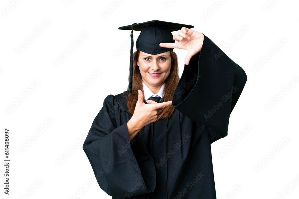 Middle age university graduate woman over isolated background focusing face. Framing symbol Middle age university graduate woman over isolated background focusing face. Framing symbol