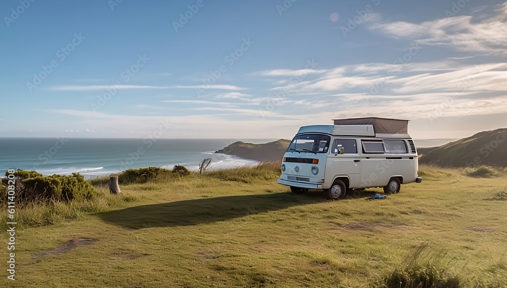 white camper van parked in the grass at Cape Rienga Generative Ai