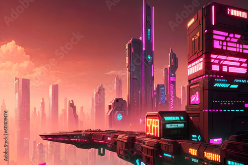 Cyberpunk Urban Industrial Abstract Future Wallpaper. Futuristic concept. Red haze Evening urban landscape. Generative AI illustration.