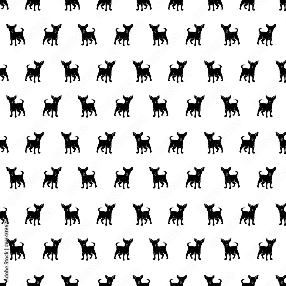 Seamless pattern with chihuahua silhouettes. Doodle black and white vector illustration.